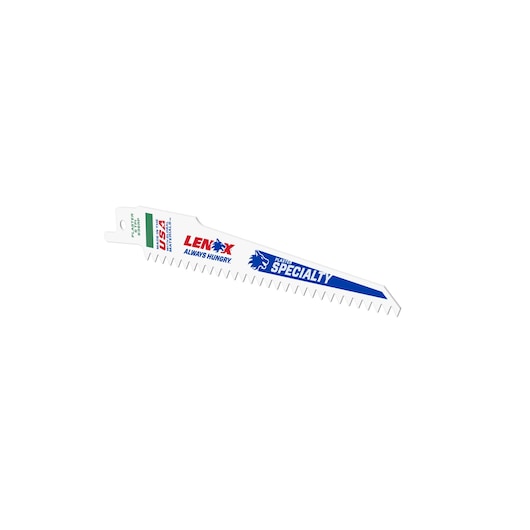 Photo of LENOX reciprocating saw blade 20570636rp, white with blue and red branding, side angle view.