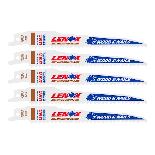 Photo of LENOX 20572656R reciprocating saw blade for wood and nails, white with blue and red branding, side view.