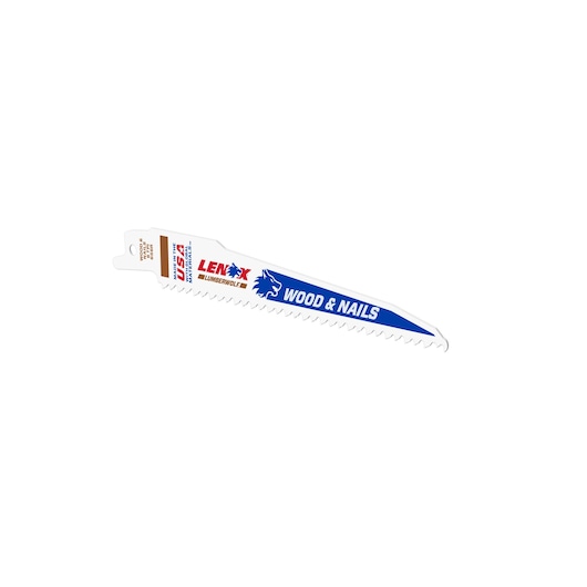 Photo of LENOX 20572656R reciprocating saw blade for wood and nails, white with blue and red text, side angle.