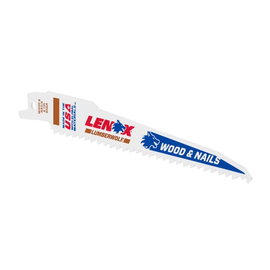 LENOX 20573S656R reciprocating saw blade for wood and nails, white with blue and red text, side view on white background.