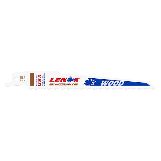 LENOX 20575634R wood cutting reciprocating saw blade, white with blue and red branding, side view on white background.