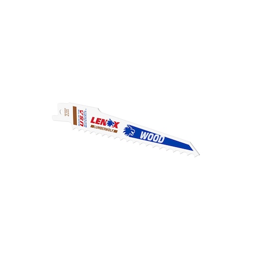 LENOX 20575634R wood reciprocating saw blade, white with blue and red logo, side view on white background.