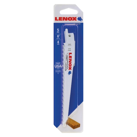 LENOX 20575634R reciprocating saw blade set, 5 pieces, 6 inch, wood cutting, front angle, white packaging