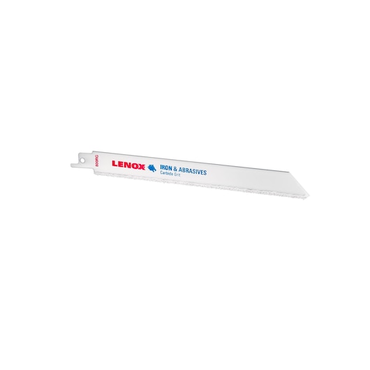 LENOX 20576800RG carbide grit reciprocating saw blade, white side view, iron and abrasives.