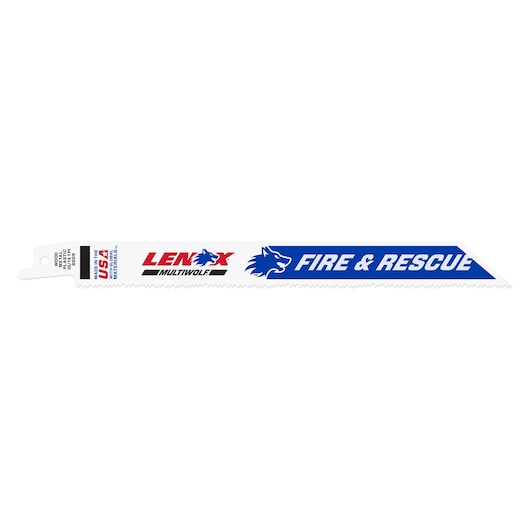 LENOX 20577850R fire and rescue reciprocating saw blades, white and blue, photography, front angle.