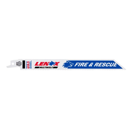 LENOX fire and rescue reciprocating saw blade, blue and white, side angle, SKU 20577850R.