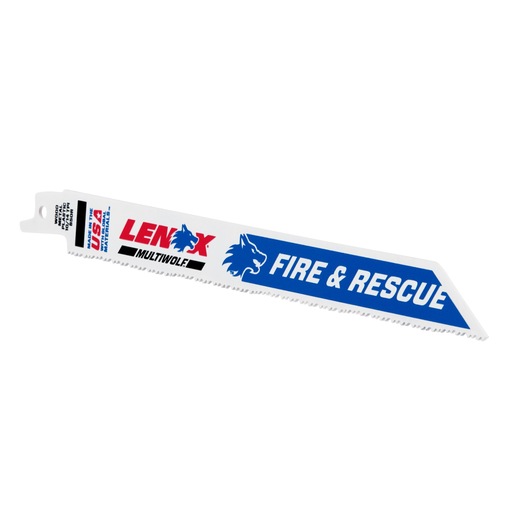 LENOX 20577850R fire and rescue reciprocating saw blade, white with blue and red labeling, side angle