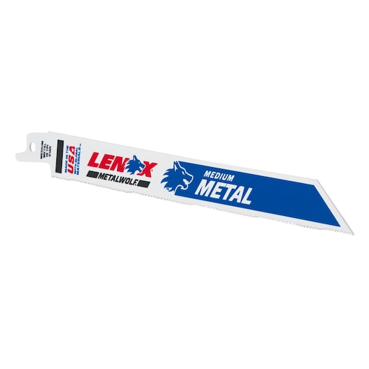 LENOX METALWOLF medium metal reciprocating saw blade SKU 20578818R, front angle, blue and white.
