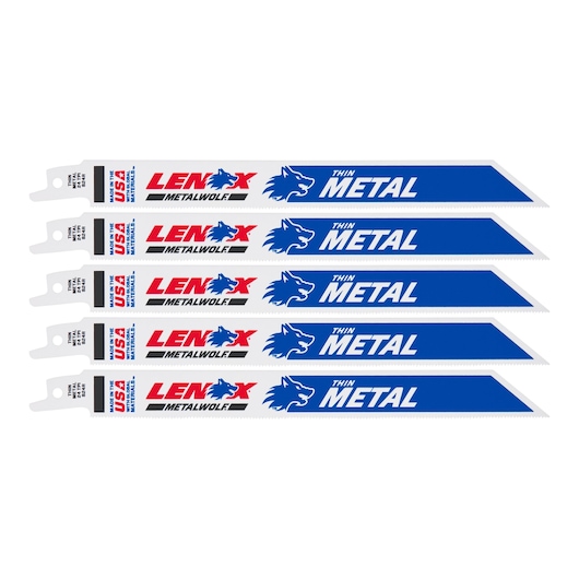 Photo of five LENOX Metalwolf thin metal reciprocating saw blades 20579824R, blue and white, side view.
