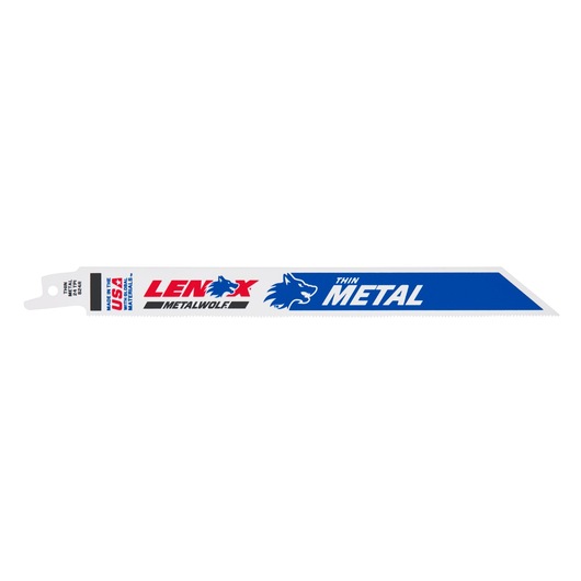 LENOX 20579824R reciprocating saw blade for thin metal, blue and white, side angle on white background