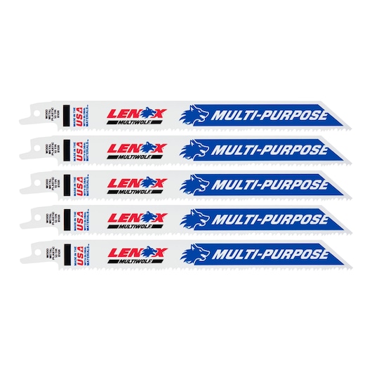 Photo of five LENOX MULTIWOLF multi-purpose reciprocating saw blades, SKU 20580810R, on white background.