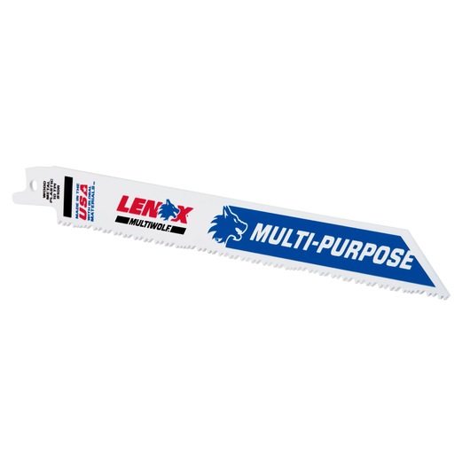 LENOX 20581S810R multi-purpose reciprocating saw blade, white with blue and red accents, side view on white background.