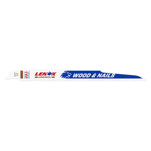 Photo of LENOX 20582956R reciprocating saw blade for wood and nails, white with blue and red branding, side angle.