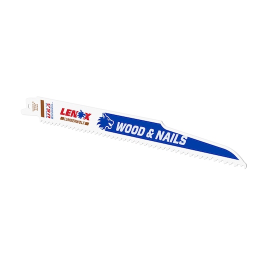 LENOX 20582956R reciprocating saw blade for wood and nails, white and blue, angled, on white background.