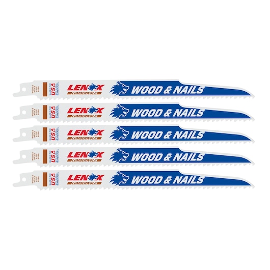 LENOX 20582956R reciprocating saw blades for wood and nails, set of five, white with blue and red branding, front angle.