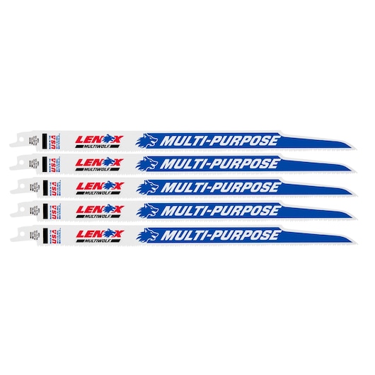 LENOX 20583110R multi-purpose reciprocating saw blades, white and blue, front angle, pack of five.