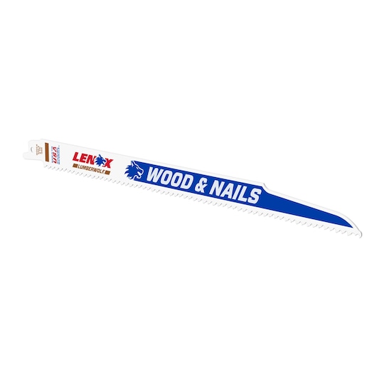 LENOX 20585156r reciprocating saw blade for wood and nails, white with blue and red branding, side view.