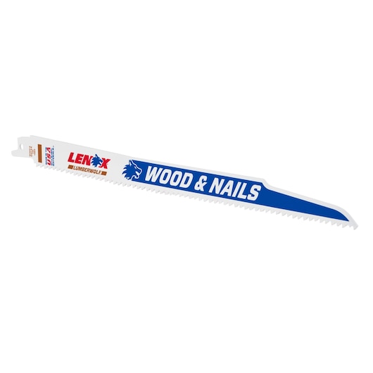 LENOX 20585156r reciprocating saw blade with blue and white 'WOOD & NAILS' label, side angle on white background.
