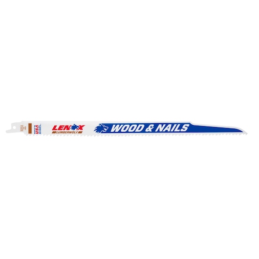 LENOX 20586S156R reciprocating saw blade, white and blue, side angle on white background, labeled for wood and nails.
