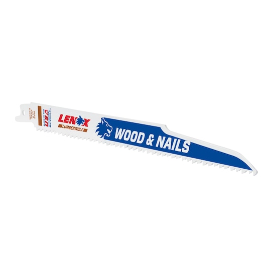 Photo of LENOX 20587S956R reciprocating saw blade for wood and nails, white blade with blue and red branding, side angle.