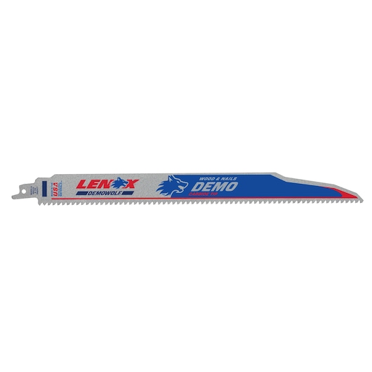 LENOX 2058827 demo reciprocating saw blade with blue and red graphics, angled tip, for wood and nails, front view.