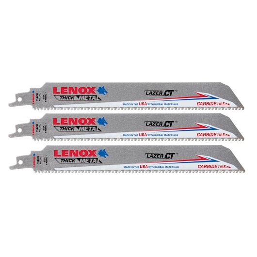 LENOX 2058829 thick metal reciprocating saw blades with carbide tips, side angle, set of three.