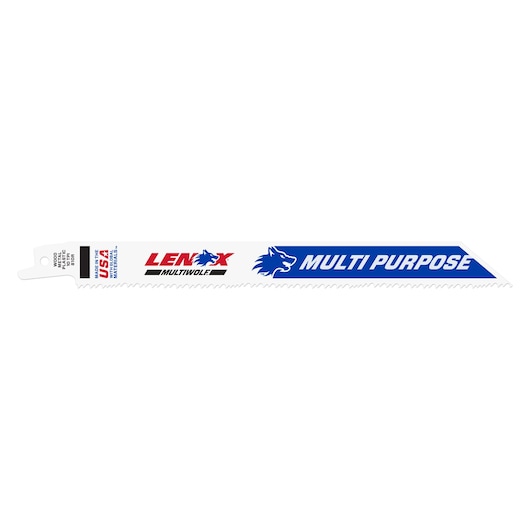 Photo of LENOX 20590B810R multi-purpose reciprocating saw blades, white with blue and red branding, arranged flat on white background.