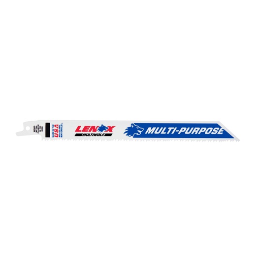 Photo of LENOX 20590B810R reciprocating saw blade, white with blue and red branding, multi-purpose, side view.