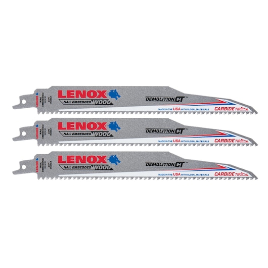 Photo of three LENOX carbide tip demolition reciprocating saw blades for nail embedded wood, SKU 2059102, side view.
