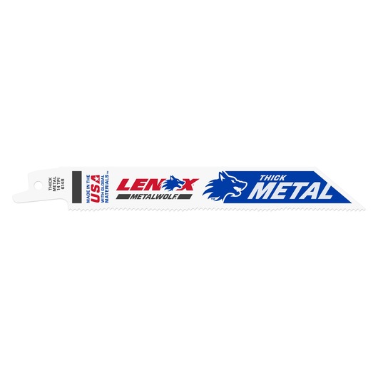 LENOX 2059114 thick metal reciprocating saw blades, 12-pack, white and blue, front angle photo.