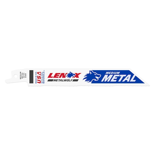 LENOX 2059115 medium metal reciprocating saw blade, white with blue and red branding, side angle.