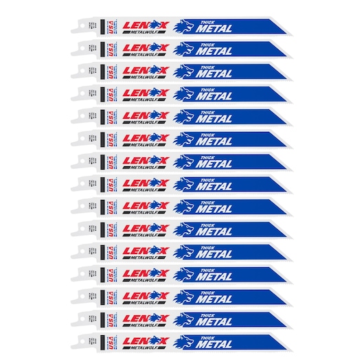 Photo of LENOX metal reciprocating saw blades pack, blue and white, for thick metal, SKU 2059116, front angle.