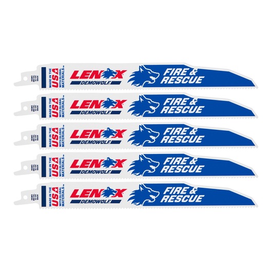 LENOX 2059118 reciprocating saw blades, Demowolf Fire & Rescue, blue and white, set of five, front angle.