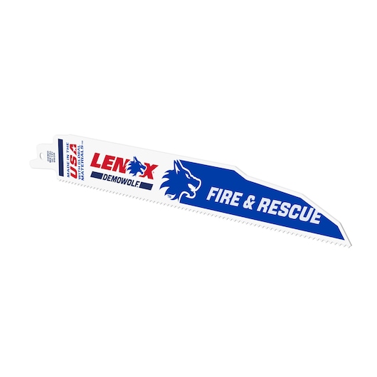 LENOX 2059118 reciprocating saw blade, DEMONWOLF Fire & Rescue, white with blue and red branding, side view.