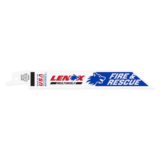 LENOX 20592650R fire and rescue reciprocating saw blades, white with red and blue branding, two-pack, front angle.