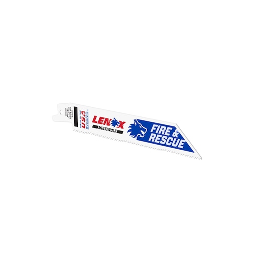 Photo of LENOX MULTIWOLF FIRE & RESCUE reciprocating saw blade, SKU 20592650R, side view on white background.