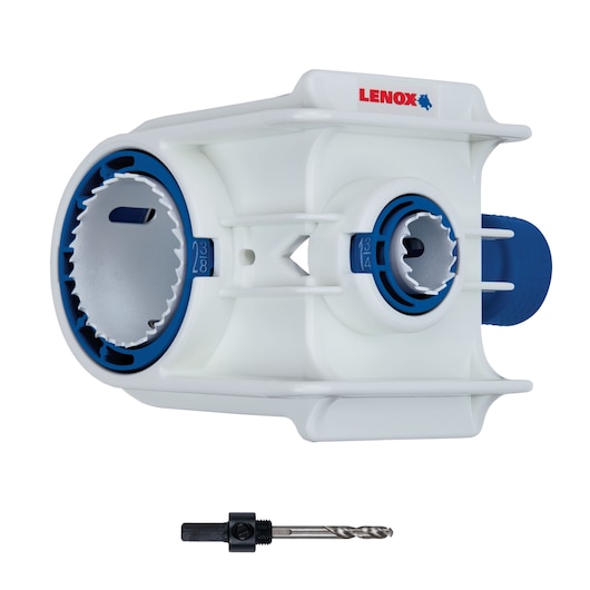 LENOX 2060082 white and blue hole saw set with arbor and pilot drill, side angle on white background.