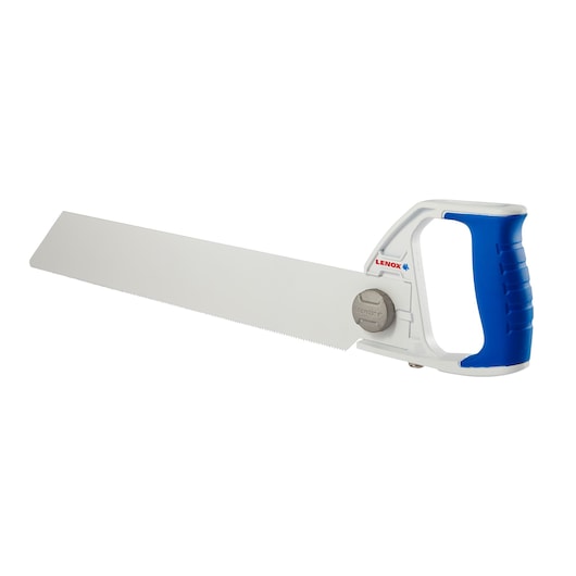 LENOX 20980HSF18 hand saw with white blade and blue ergonomic handle, side angle, photography