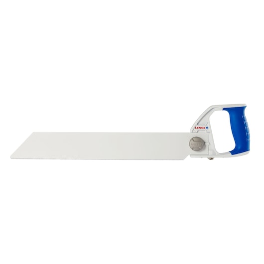Photo of LENOX hand saw 20980HSF18 with a white blade and blue ergonomic handle, side angle on white background.