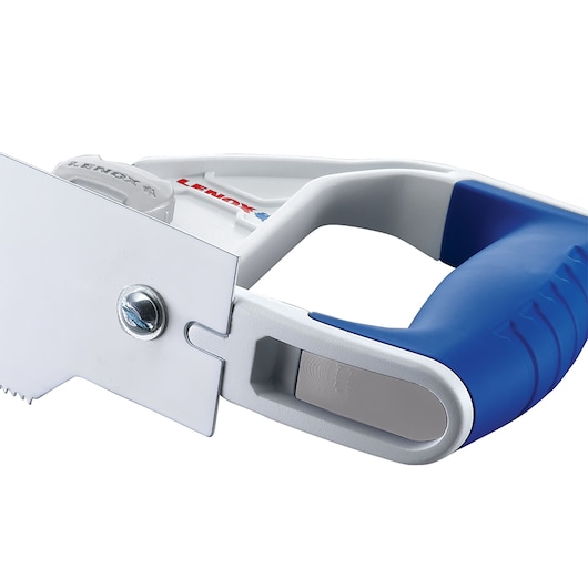 Close-up view of a Lenox hand saw with a blue and white ergonomic handle and visible metal blade attachment.