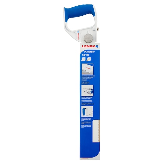 LENOX 20980HSF18 hand saw with blue and white handle in retail packaging, front angle on white background.