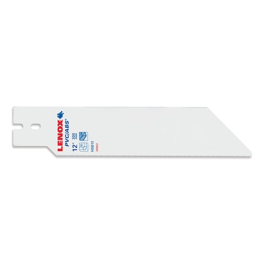 LENOX 20982HSB12 white reciprocating saw blade for PVC and ABS, photography, flat side view.