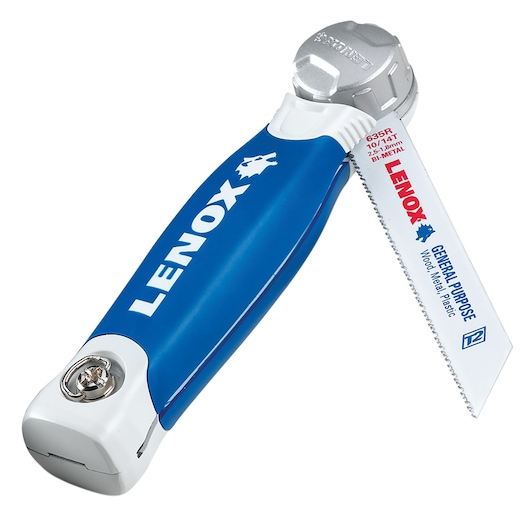 Photo of LENOX 20997TFHS618636 folding saw with blue handle and general purpose bi-metal blade, angled on white.