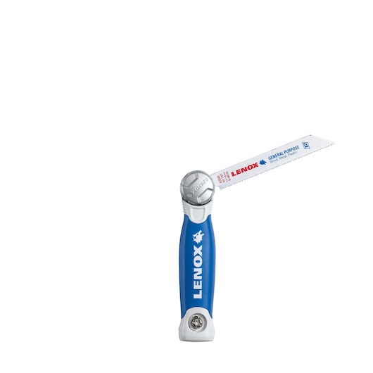 Photo of LENOX folding hand saw 20997TFHS618636 with blue and white handle, blade extended, front angle, white background.