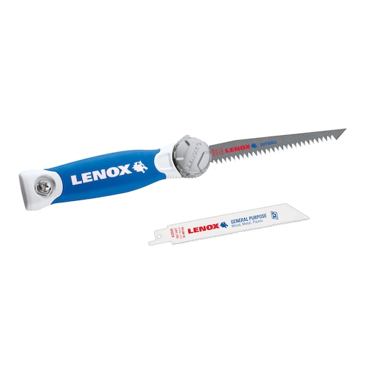 LENOX 20997TFHS618636 saw with blue handle and two blades, photographed on white background.