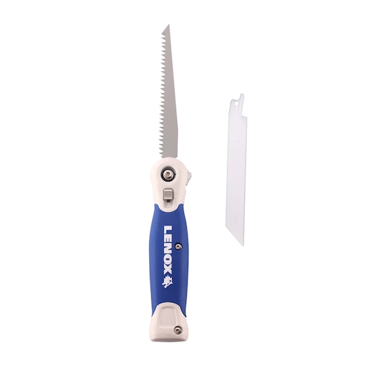 LENOX hand saw 20997TFHS618636 with blue handle and extra blade, front angle on white background.