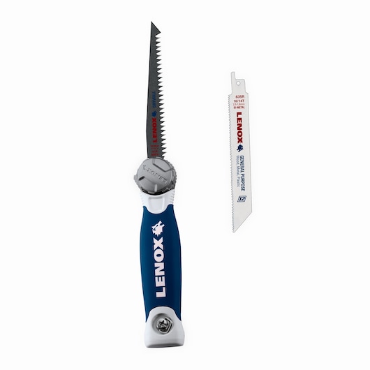 Photo of LENOX hand saw with blue handle and extra blade, SKU 20997TFHS618636, front angle, white background.