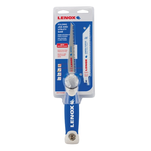 LENOX 20997TFHS618636 folding jab and utility saw kit with blue handle, two replaceable blades, retail packaging, front angle.