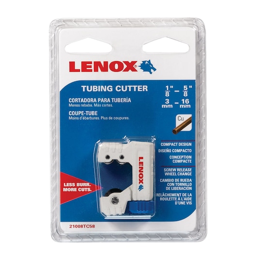LENOX 21008TC58 tubing cutter in retail packaging, white and blue compact pipe cutter for 1/8-5/8 inch tubes, front view.