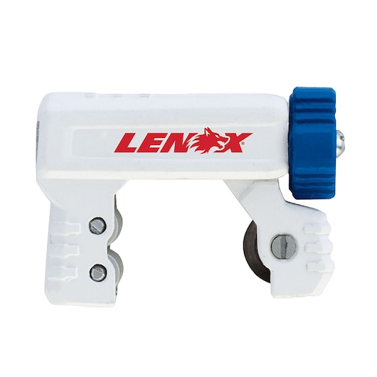 LENOX 21009TC1 white pipe cutter with blue knob, side view, on white background.